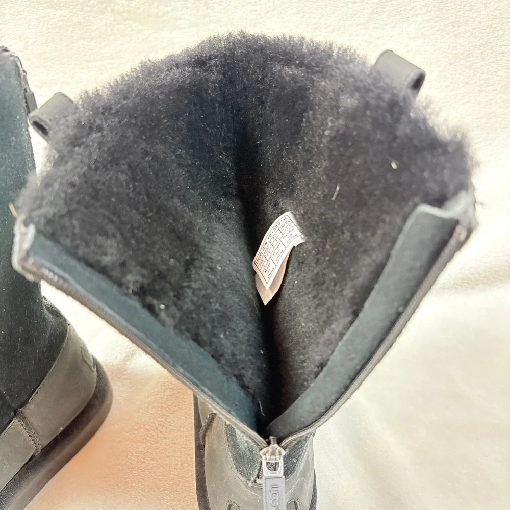 UGG Boots Kids Size 2 Black Good Leather Suede Back Zip Faux‎ Fur 1013287K